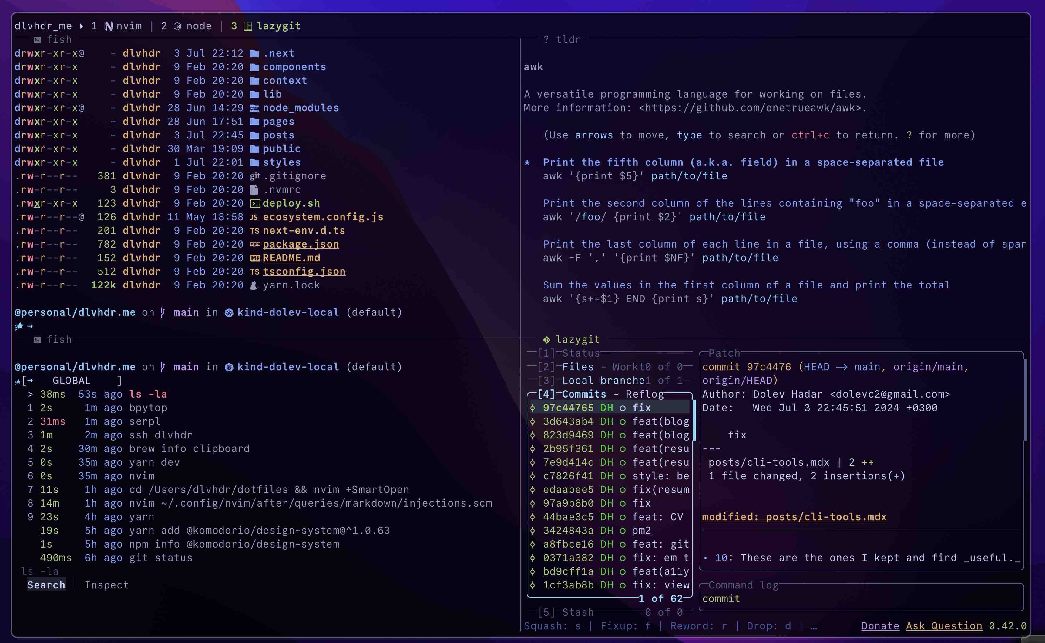 A screenshot of my terminal displaying tmux with 4 panes - each pane running a different tool